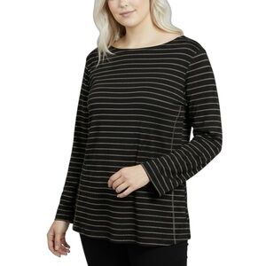 CHICOS Top Size 2 US L Long Sleeve T- Shirt Black/ Metallic Gold Striped Classic